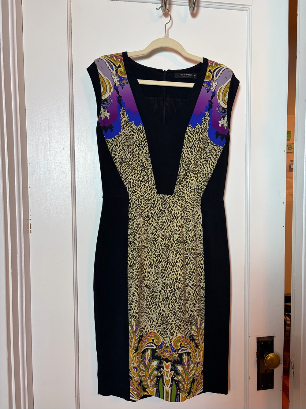 Etro Black Paisley & Animal Print Midi Dress with Purple and Black Panels